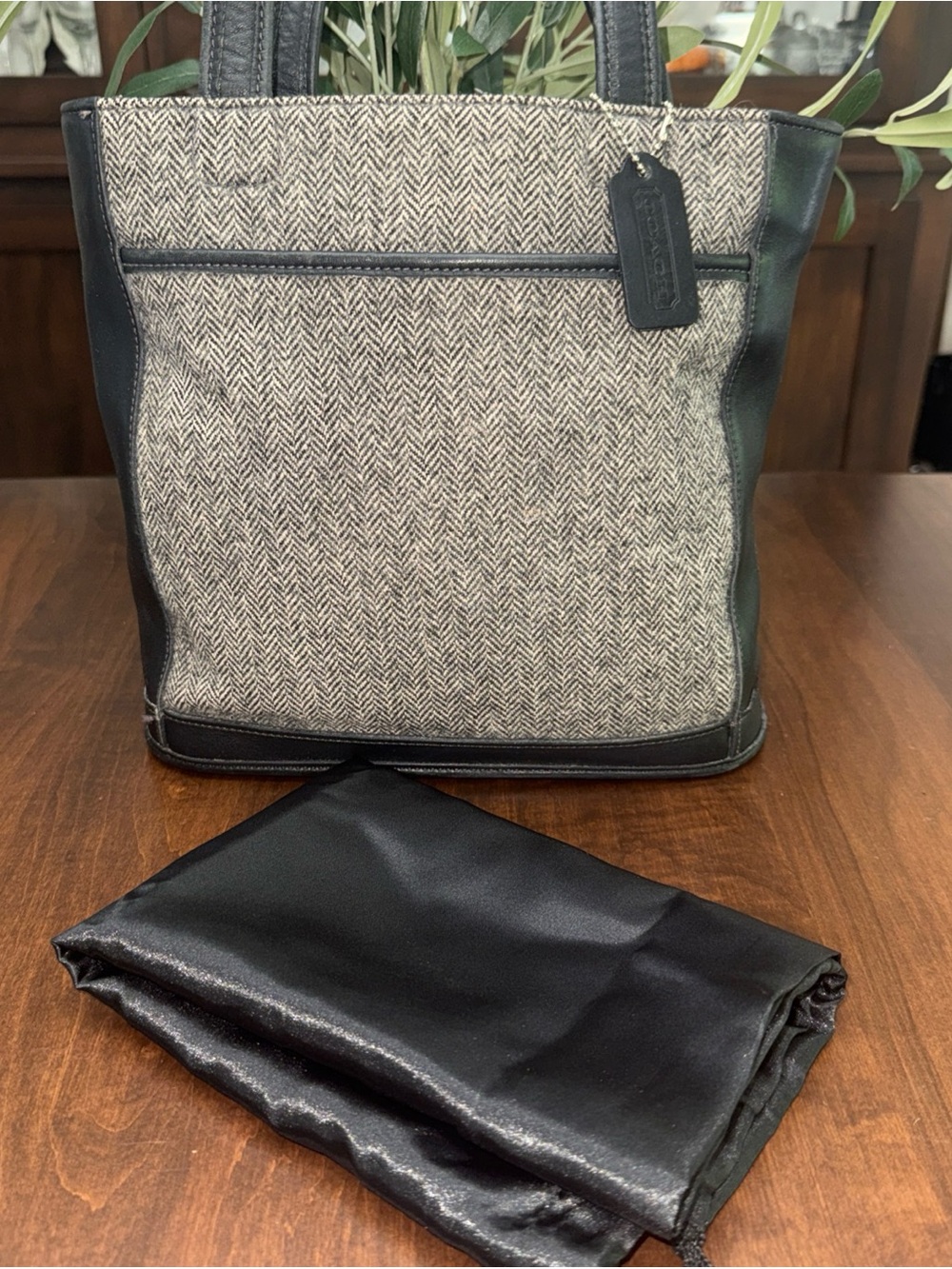 Coach Bleeker Leather-Trim Herringbone Tote Bag - Black & Gray